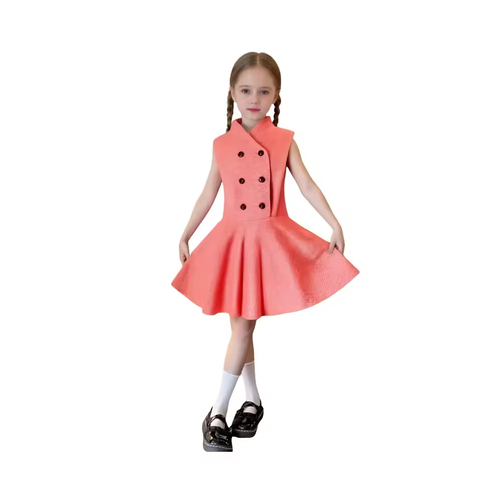 Baby girls cardigan frock dress V shape collar tweed sleeveless formal dress customization summer style