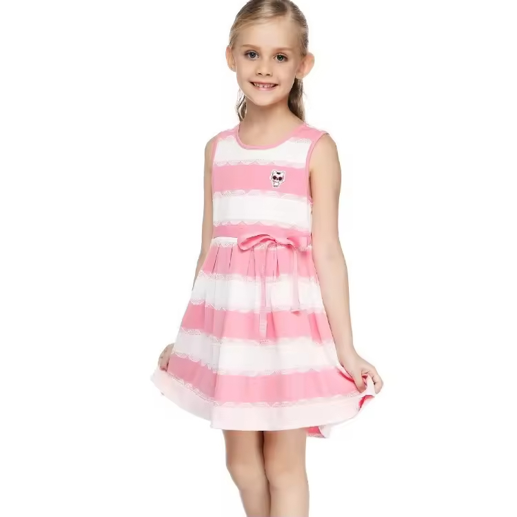 OEM Wholesale High Quality pink Kids Dress With Bow Beautiful Sweet Girls Casual Sleeveless Stripe Girls Summer Dresses 2025
