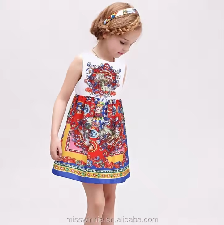 Wholesale Kids Summer Crew Neck Toddler Girl Clothes Cotton Sleeveless Girls Dresses Baby Children Cartoon Print Flower Dresses