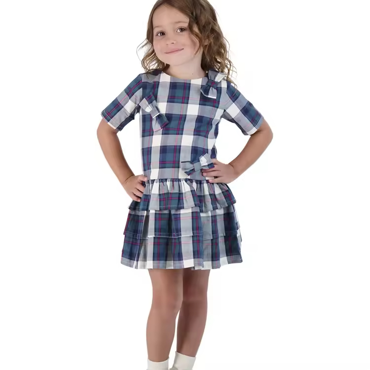 OEM Dresses New Arrivals Three-quarter Sleeves Comfortable Daily Wear for Girls England Style Kids Cotton Summer Dress