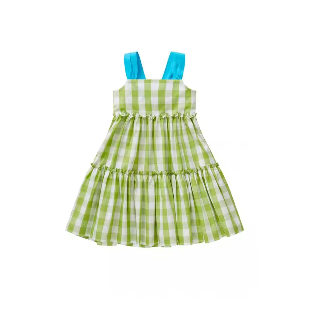 Custom Children Girl Fashion Summer Cotton Bow Green Plaid Dress Kids Casual Sleeveless Sling Dress