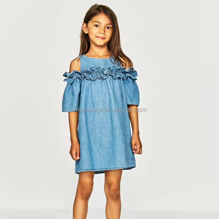 2025 Newest Design Fashion Denim Girls off Shoulder Dress Special Sleeve Design Dress