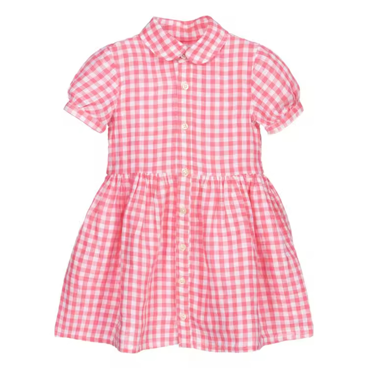 OEM & ODM Service Breathable Daily Wear Puff Sleeve Summer Fashion Children Casual Dress pink Grid Cotton Baby Girls Dresses