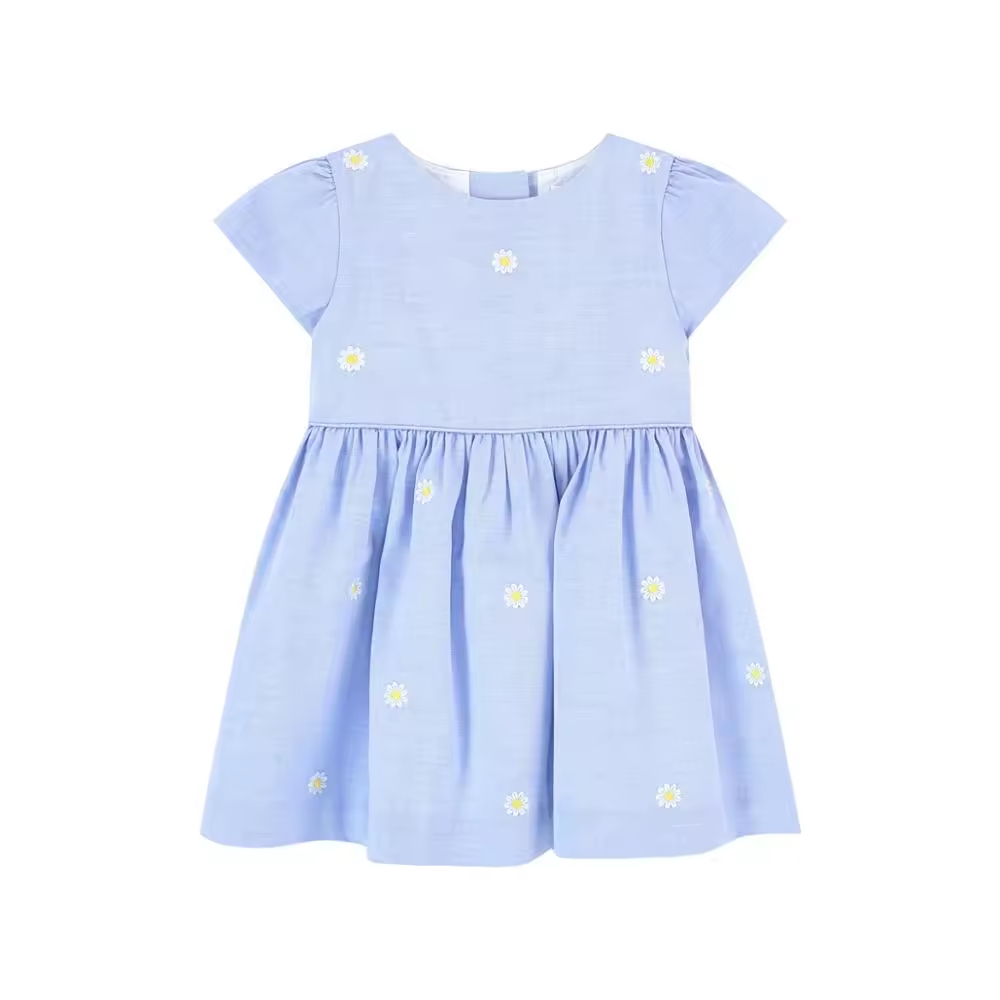 Hot Selling Blue Cotton Floral Dress for Little Girls Knee-Length ODM Supply for Kids Fashion